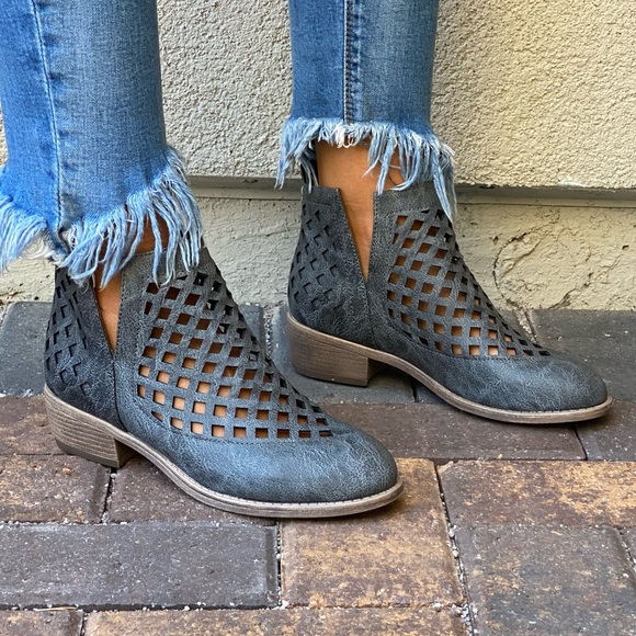 Charcoal V Split Perforated Caged Ankle Booties - Picture 6 of 15